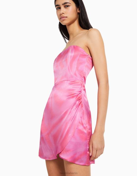 Fuchsie Bershka Frauen Schulterfreies Minikleid aus Satin H00J104