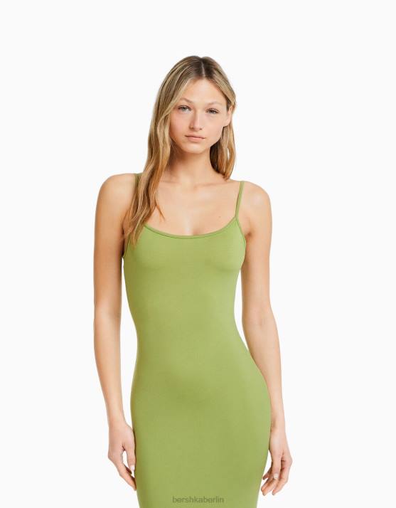Grün Bershka Frauen figurbetontes langes Trägerkleid H00J24