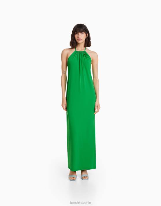 Grün Bershka Frauen langes Neckholder-Kleid H00J53