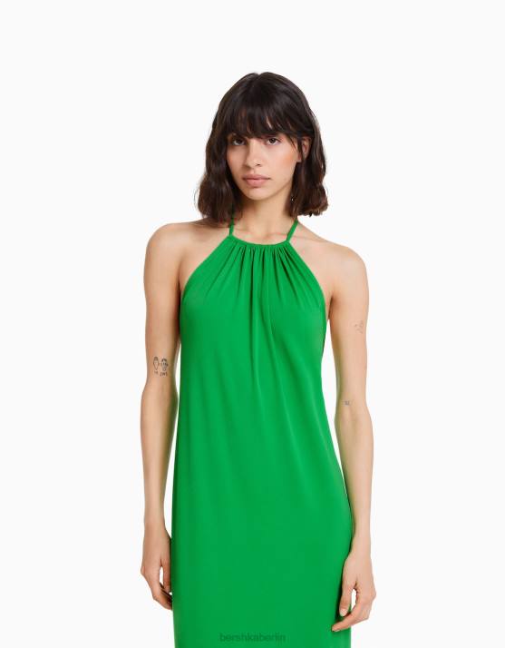 Grün Bershka Frauen langes Neckholder-Kleid H00J53