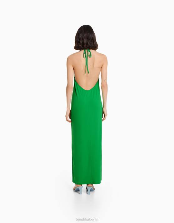 Grün Bershka Frauen langes Neckholder-Kleid H00J53