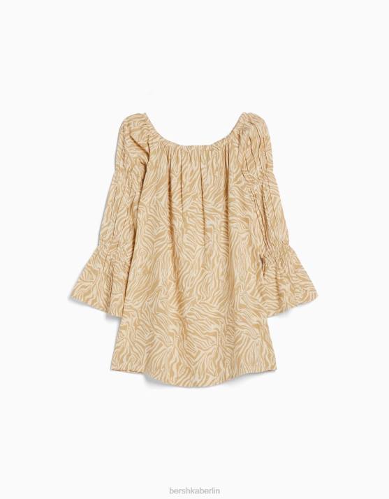 Kamel Bershka Frauen Langärmliges Minikleid aus Leinenmischung mit Raffung H00J263