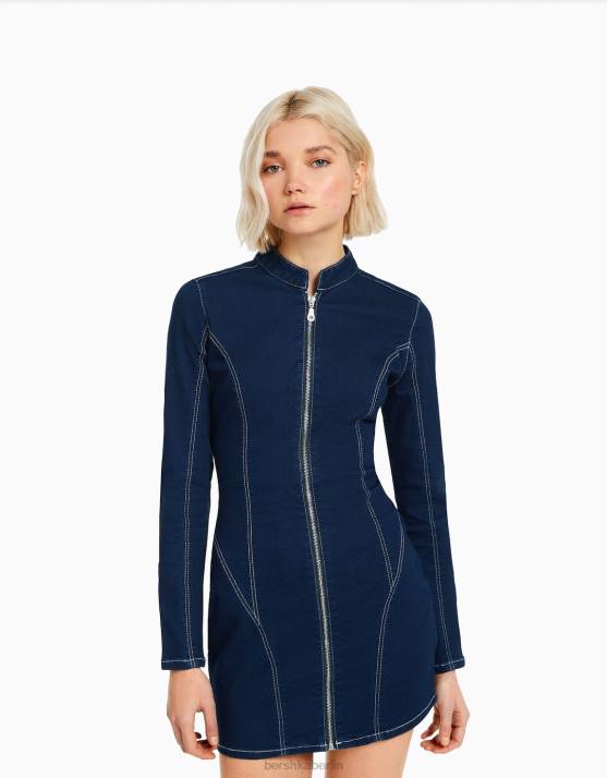 Marine Bershka Frauen Langärmliges, figurbetontes Jeanskleid mit Kontrastfaden H00J82