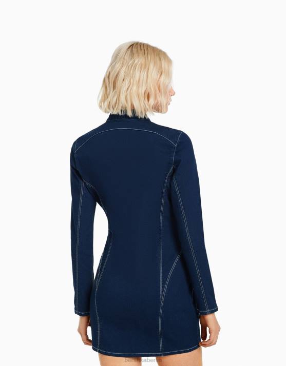 Marine Bershka Frauen Langärmliges, figurbetontes Jeanskleid mit Kontrastfaden H00J82