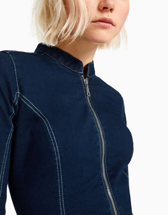 Marine Bershka Frauen Langärmliges, figurbetontes Jeanskleid mit Kontrastfaden H00J82