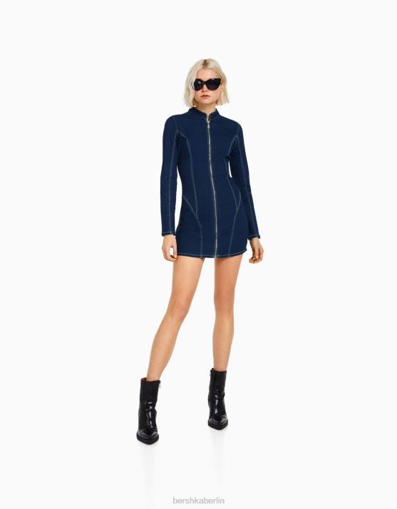 Marine Bershka Frauen Langärmliges, figurbetontes Jeanskleid mit Kontrastfaden H00J82