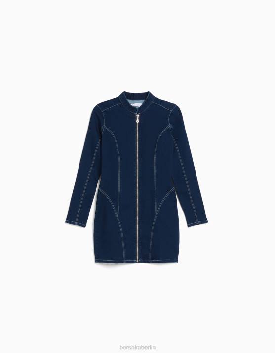 Marine Bershka Frauen Langärmliges, figurbetontes Jeanskleid mit Kontrastfaden H00J82