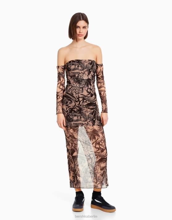 Rosa Bershka Frauen Langes Trägerkleid aus Tüll H00J245