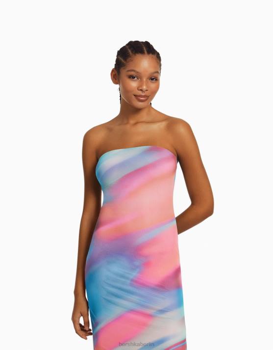 Rosa Bershka Frauen Schulterfreies Midikleid mit Aufdruck H00J94