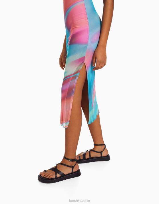 Rosa Bershka Frauen Schulterfreies Midikleid mit Aufdruck H00J94