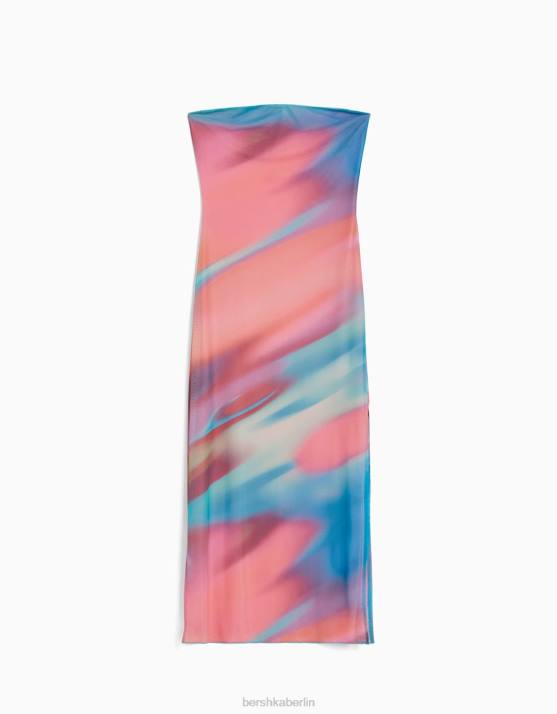 Rosa Bershka Frauen Schulterfreies Midikleid mit Aufdruck H00J94