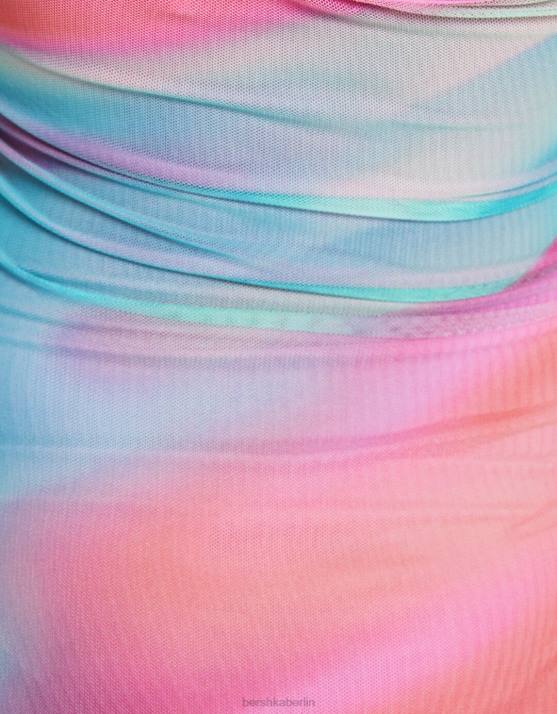 Rosa Bershka Frauen Schulterfreies Midikleid mit Aufdruck H00J94