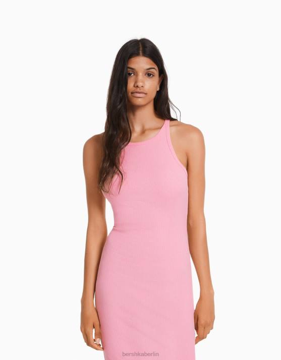 Rosa Bershka Frauen geripptes ärmelloses Midikleid H00J7