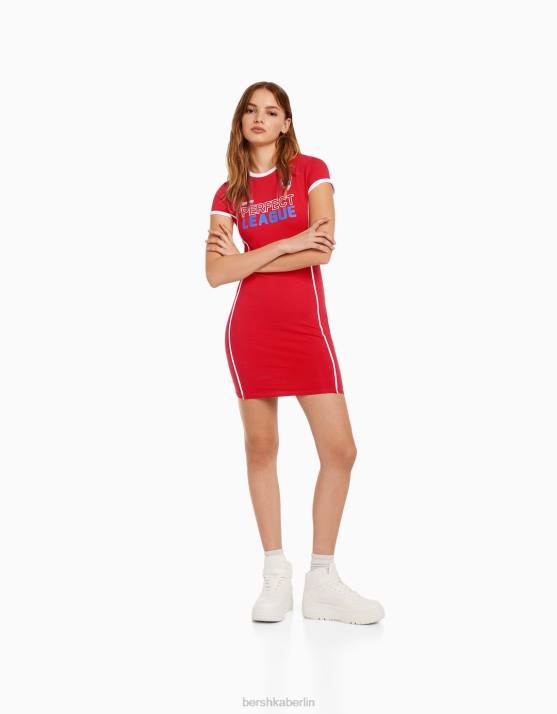 Rot Bershka Frauen Kurzärmliges bedrucktes Minikleid H00J281