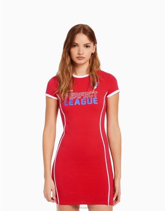 Rot Bershka Frauen Kurzärmliges bedrucktes Minikleid H00J281