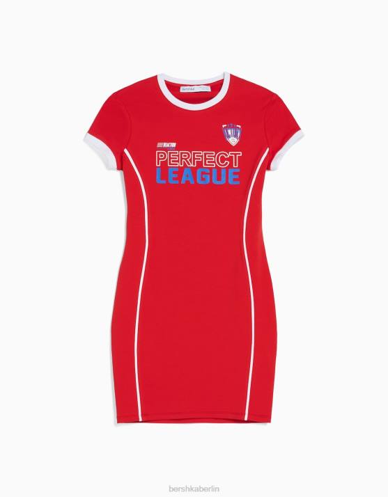 Rot Bershka Frauen Kurzärmliges bedrucktes Minikleid H00J281