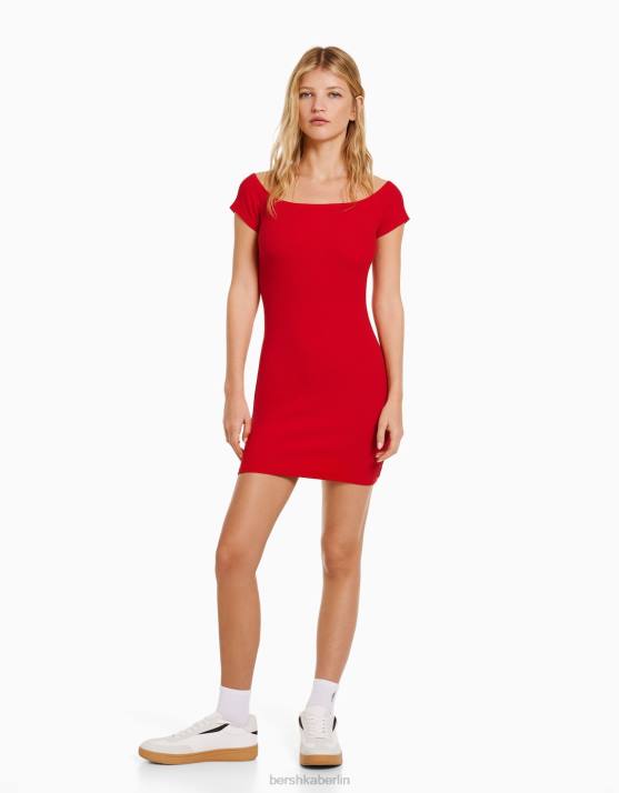 Rot Bershka Frauen Kurzärmliges, schulterfreies Minikleid H00J207
