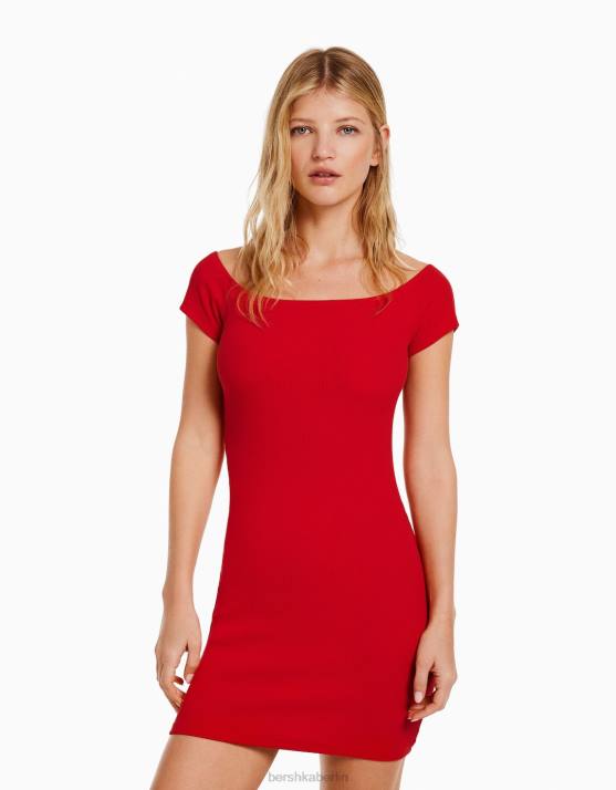 Rot Bershka Frauen Kurzärmliges, schulterfreies Minikleid H00J207