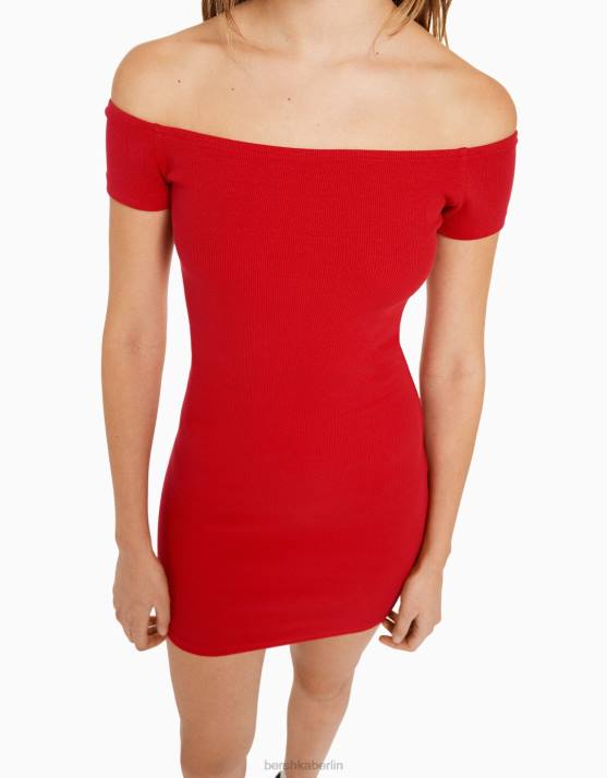 Rot Bershka Frauen Kurzärmliges, schulterfreies Minikleid H00J4068
