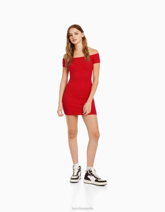 Rot Bershka Frauen Kurzärmliges, schulterfreies Minikleid H00J4068