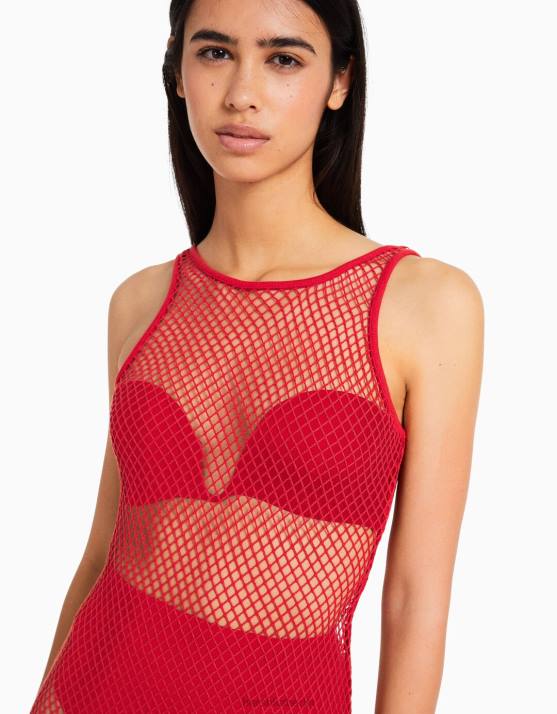 Rot Bershka Frauen Langes Netzkleid mit Trägern H00J136