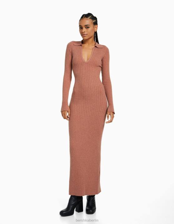 Rot Bershka Frauen Langes Strickkleid mit Polokragen H00J254