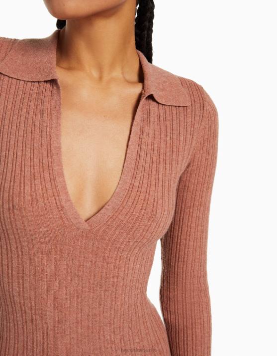 Rot Bershka Frauen Langes Strickkleid mit Polokragen H00J254