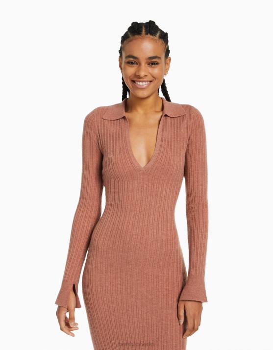 Rot Bershka Frauen Langes Strickkleid mit Polokragen H00J254