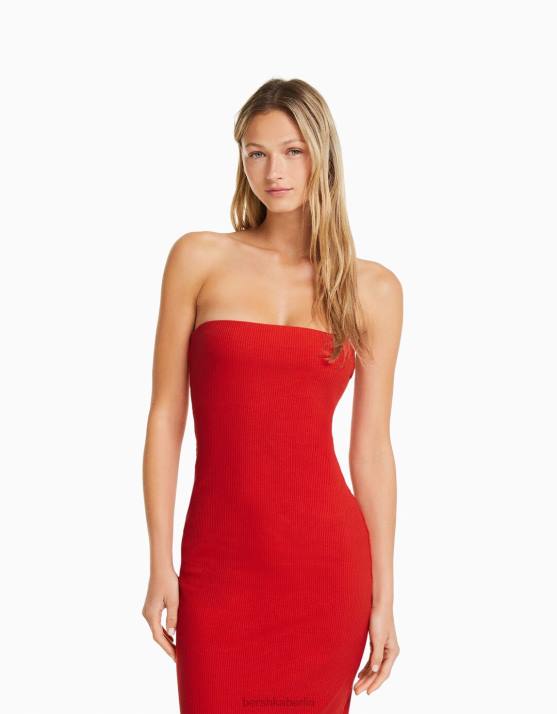 Rot Bershka Frauen Langes, geripptes Bandeau-Kleid H00J49