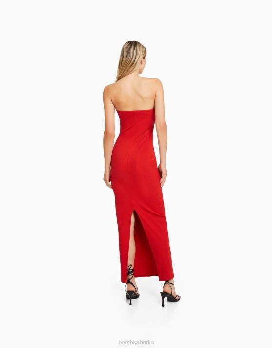 Rot Bershka Frauen Langes, geripptes Bandeau-Kleid H00J49