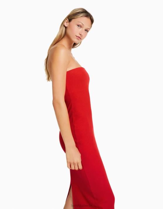 Rot Bershka Frauen Langes, geripptes Bandeau-Kleid H00J49