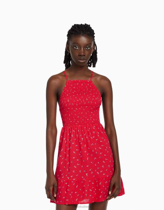 Rot Bershka Frauen Minikleid mit Neckholder-Print H00J271
