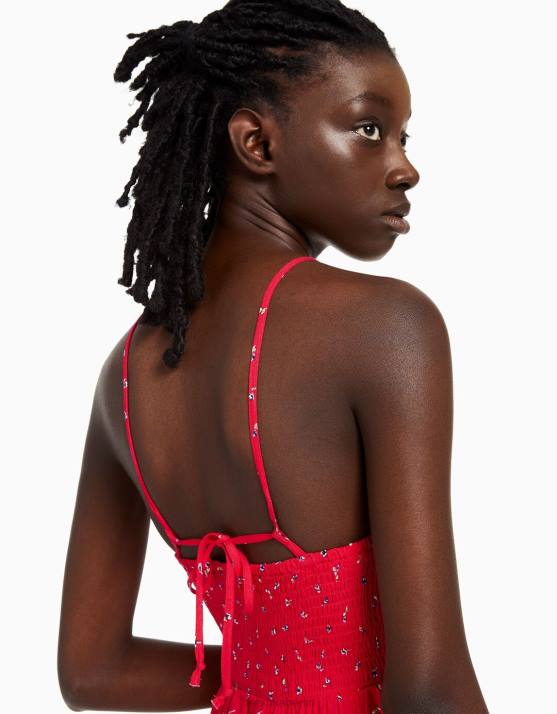 Rot Bershka Frauen Minikleid mit Neckholder-Print H00J271