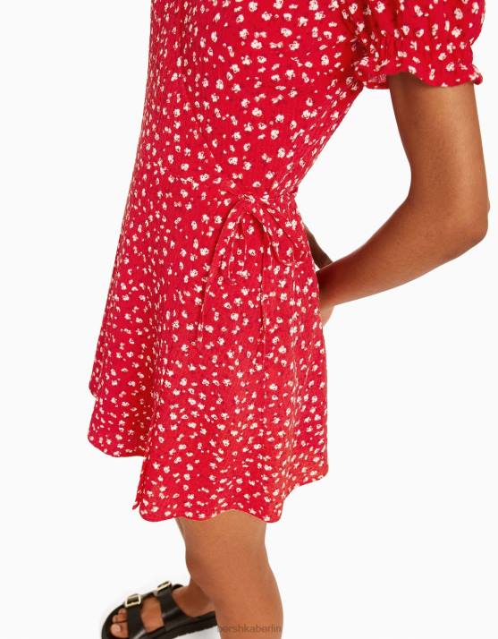 Rot Bershka Frauen Strukturiertes Minikleid mit Blumendruck H00J279
