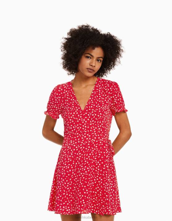 Rot Bershka Frauen Strukturiertes Minikleid mit Blumendruck H00J279