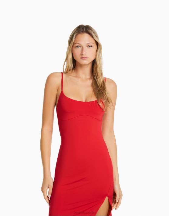 Rot Bershka Frauen Tailliertes Midikleid mit Trägern H00J35