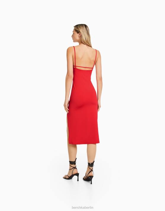 Rot Bershka Frauen Tailliertes Midikleid mit Trägern H00J35