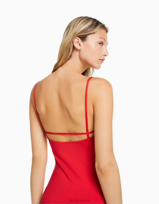 Rot Bershka Frauen Tailliertes Midikleid mit Trägern H00J35