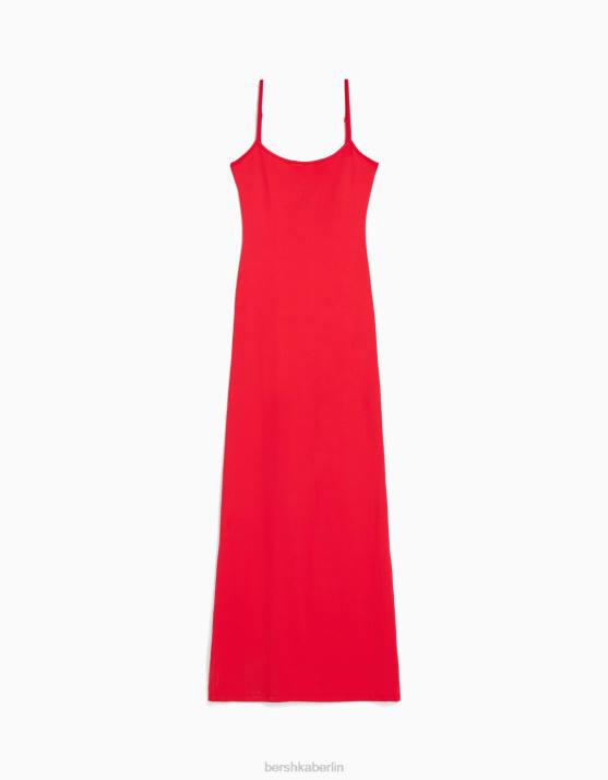 Rot Bershka Frauen figurbetontes langes Trägerkleid H00J23