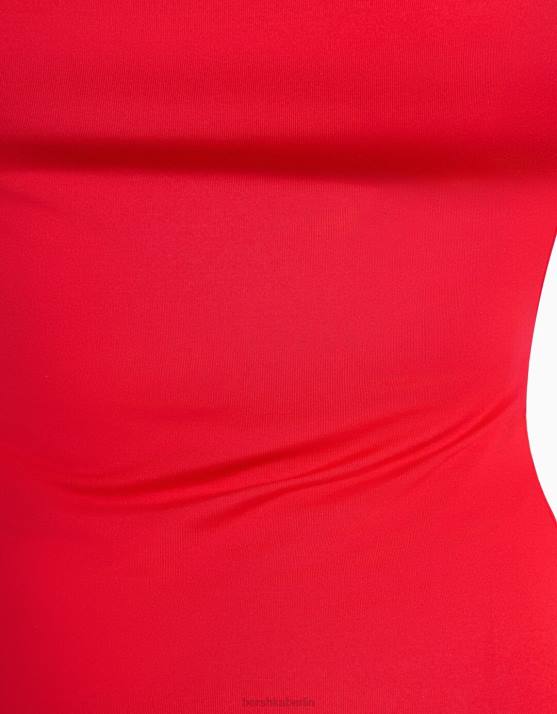 Rot Bershka Frauen figurbetontes langes Trägerkleid H00J23
