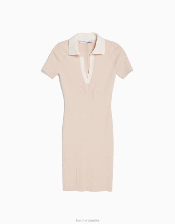Sand Bershka Frauen Kurzärmliges Minikleid mit Polokragen H00J267