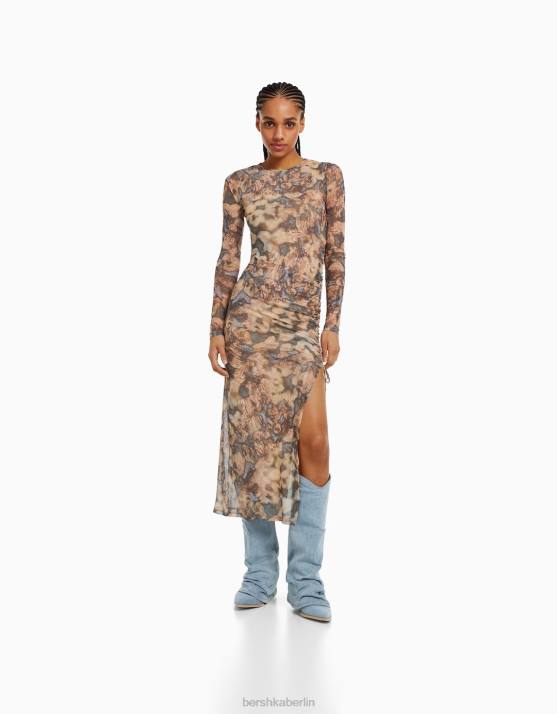 Sand Bershka Frauen Langarm-Tüllkleid H00J248