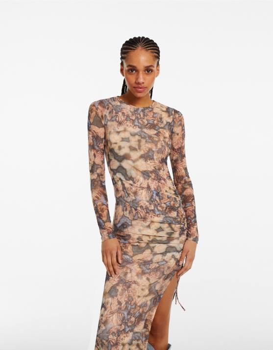Sand Bershka Frauen Langarm-Tüllkleid H00J248