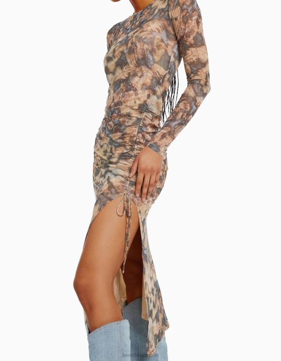 Sand Bershka Frauen Langarm-Tüllkleid H00J248