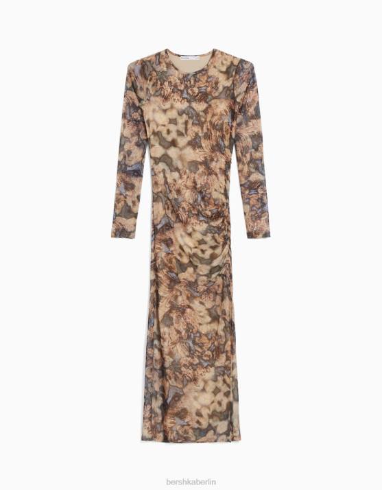 Sand Bershka Frauen Langarm-Tüllkleid H00J248