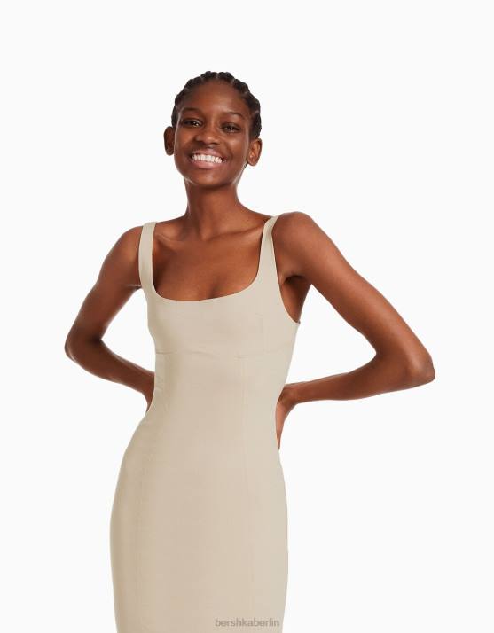 Sand Bershka Frauen Tailliertes Midikleid mit breiten Trägern H00J184