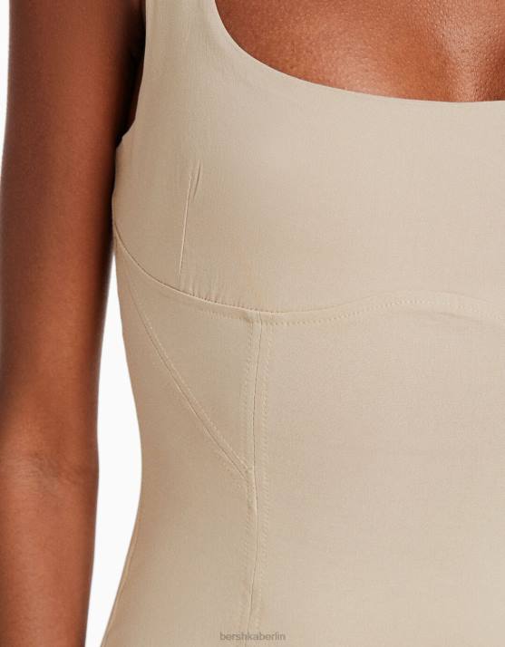 Sand Bershka Frauen Tailliertes Midikleid mit breiten Trägern H00J184