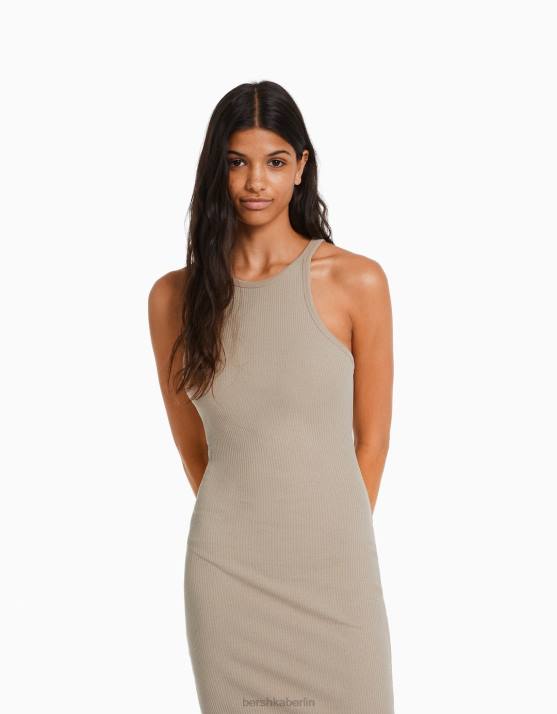Sand Bershka Frauen geripptes ärmelloses Midikleid H00J4