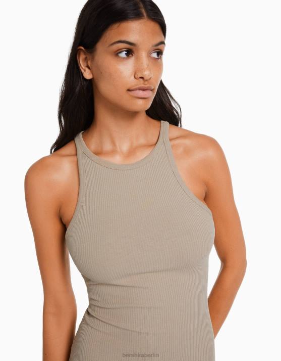 Sand Bershka Frauen geripptes ärmelloses Midikleid H00J4