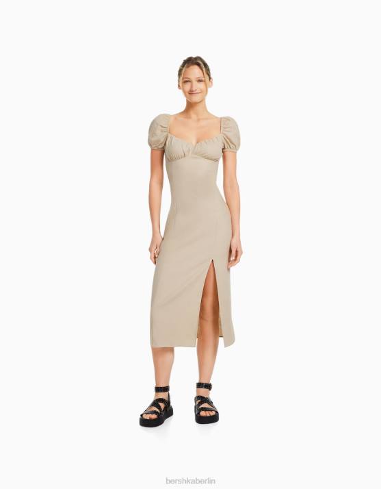 Sand Bershka Frauen kurzärmliges Midikleid H00J219